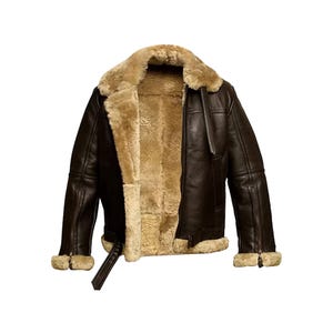Handmade Men's Brown RAF Aviator Bomber B3 Leather Jacket, Faux Shearling Fur Sheepskin Pilot Flying Real Leather Jacket, Gift for Him