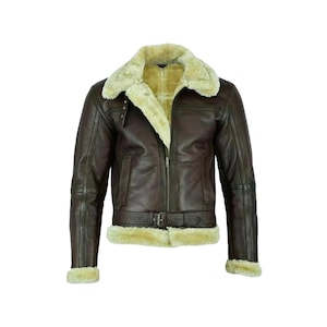Handmade Men's Brown RAF Aviator Bomber B3 Leather Jacket, Faux Shearling Fur Sheepskin Pilot Flying Real Leather Jacket, Gift for Him