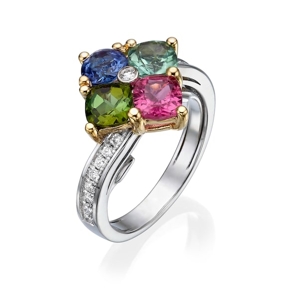 Gemstone Ring 2.32 Ct - 14K Gold Two-Tone Ring – Multicolor Tourmaline & Tanzanite with Colorless Diamonds – Elegant Fine Jewelry For Her