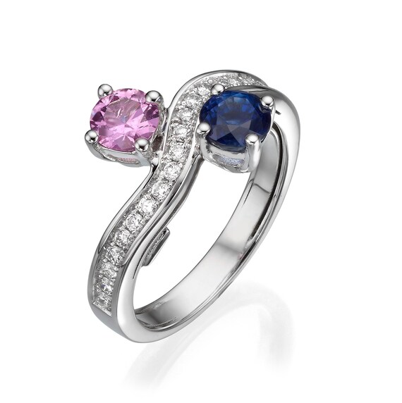 14K White Gold Toi et Moi Ring – Ceylon Blue Sapphire & Pink Sapphire, Diamond Accent Ring, Fine Jewelry, Anniversary or Engagement Gift