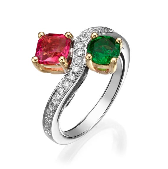14K Two-Tone White And Yellow Gold Toi et Moi Ring – Pink Tourmaline & Tsavorite, Diamond Accents, Unique Fine Jewelry