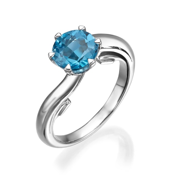 14K White Gold Wave Ring – 1.72CT Swiss Blue Topaz – Elegant Minimalist Jewelry Gift –  Solitaire Ring – Gemstone Ring