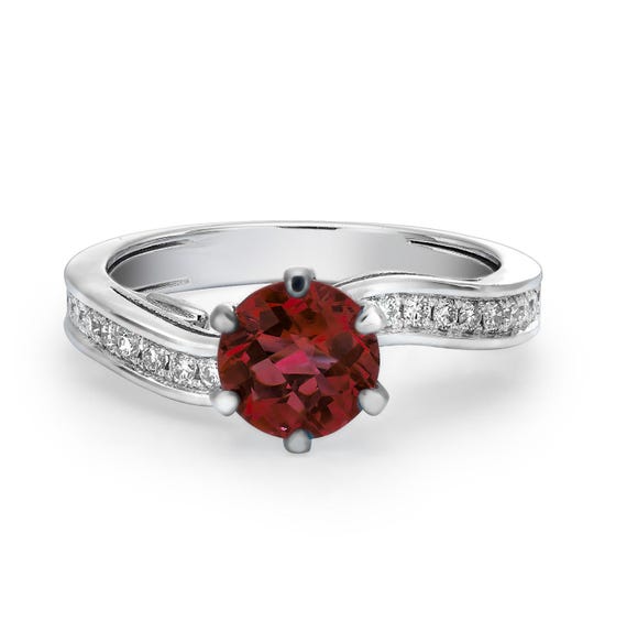 1.56ct Red Garnet Ring | 14K White Gold 4g | 18 CVD Diamond Accents | Elegant Solitaire with Side Stones | January Birthstone  Made To Order