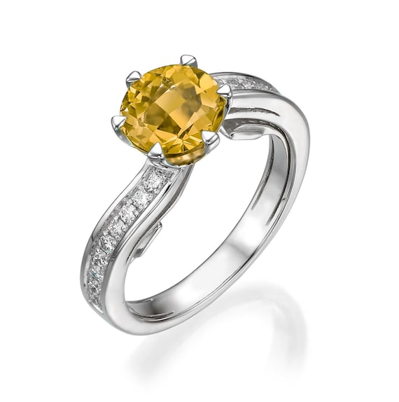 1.36ct Citrine Solitaire Ring - 14K White Gold (4g) - 18 CVD Diamonds 0.22ct - November Birthstone Engagement Ring - Made To Order