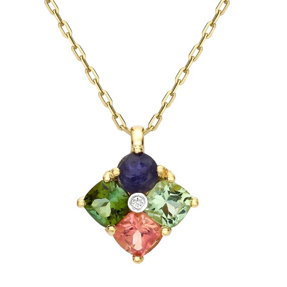 14K Gold Necklace Bouquet de Fleur Pendant – Iolite & Tourmaline Gemstone Necklace, Diamond Accent, Fine Jewelry, Luxury Gift for Her