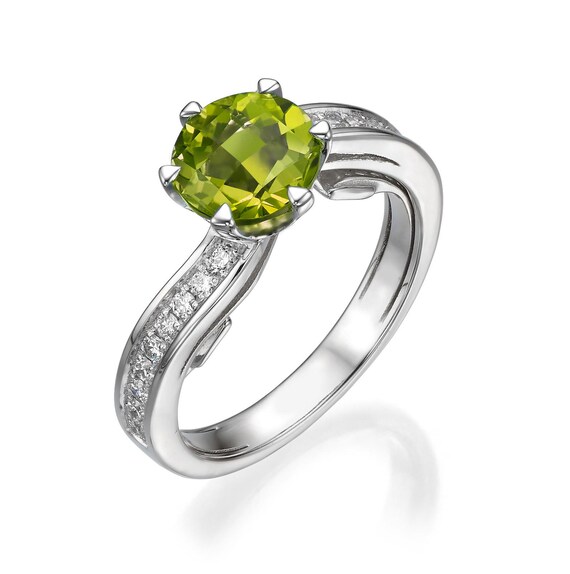 1.44ct Peridot Ring | 14K White Gold 4g |  CVD Diamond Accents | Elegant Solitaire with Side Stones | Unique Engagement Ring Made To Order