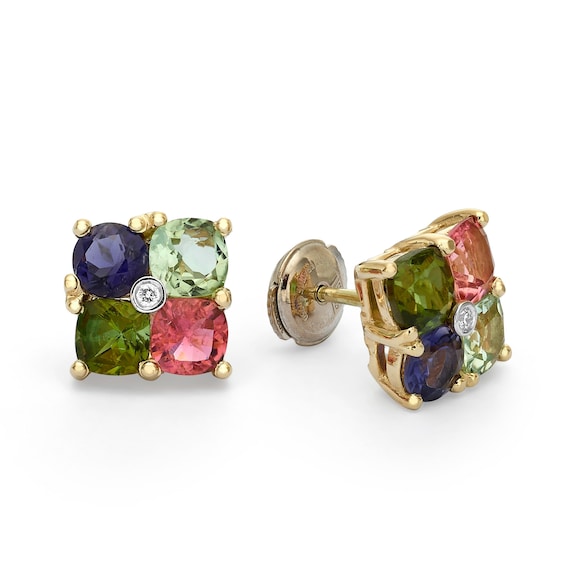 Bouquet de Fleurs Earrings | 14K Yellow and White Gold | Ayolite & Tourmaline 4.45ct | CVD Diamonds | Colorful Gemstone Studs | Luxury Gift