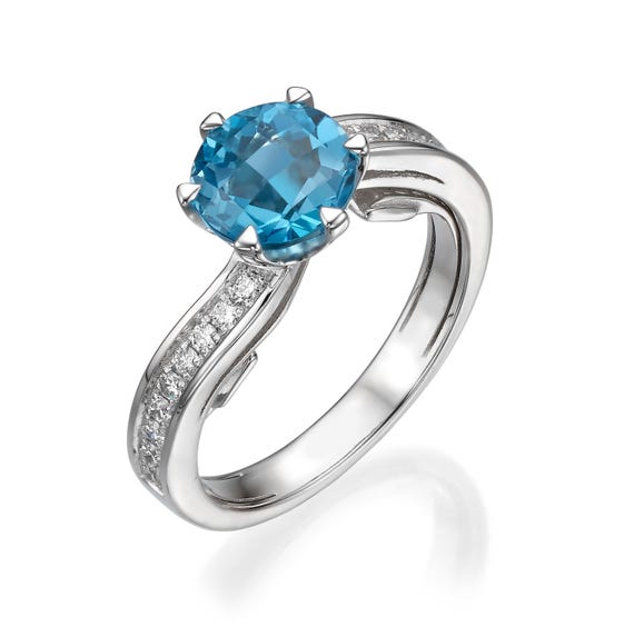 14K White Gold Wave Ring – 1.62CT Swiss Blue Topaz & 0.22CT Lab Diamond – Unique Statement Ring – Solitaire Ring