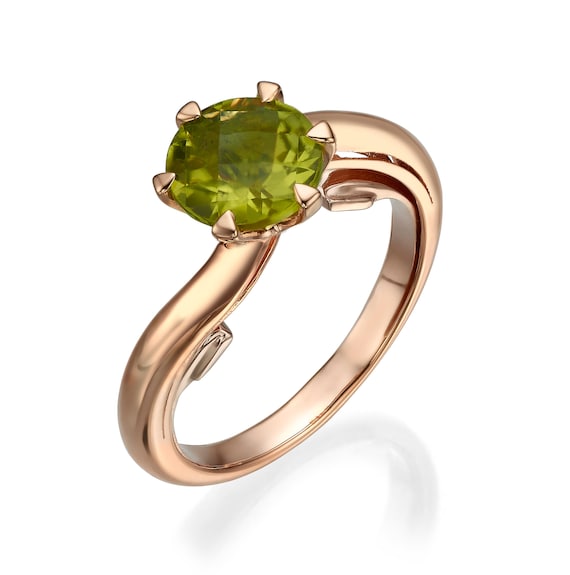 14K Rose Gold Peridot Ring – Elegant Twisted Band, August Birthstone, Customizable Fine Jewelry – Gemstone Ring – Gift For Her