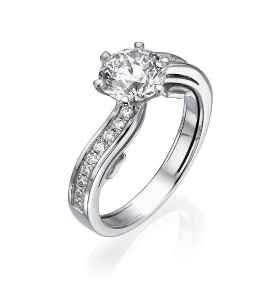 14K White Gold Solitaire Diamond Ring – 1.51ct CVD Lab Diamond, Pave Band, Modern Bridal Engagement Ring