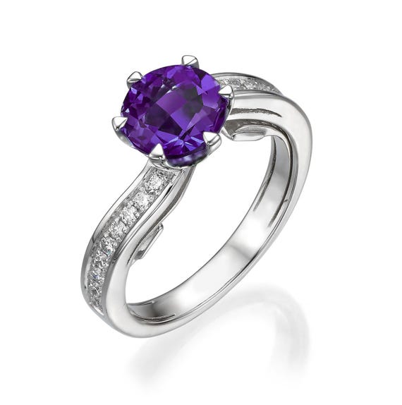 Elegant 1.20ct Amethyst Solitaire Ring in 14K White Gold with 18 CVD Diamonds Made to Order Unique Engagement Ring | Gift for Her