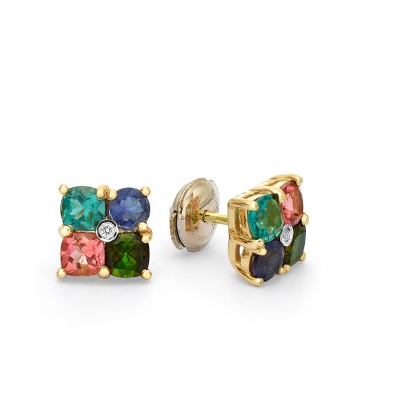 Bouquet de Fleurs Earrings | 14K Yellow and White Gold | Ayolite & Tourmaline 2.57ct  CVD Diamonds  Elegant Colorful Studs Fine Jewelry Gift