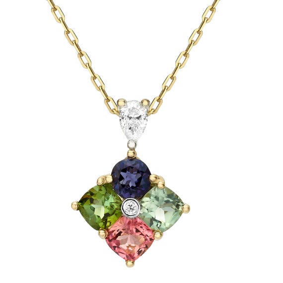14K Gold Necklace - Two-Tone Gold Necklace with Iolite, Bouquet de Fleur Pendant - Tourmaline & Diamonds – Fine Jewelry, Luxury Gift for Her