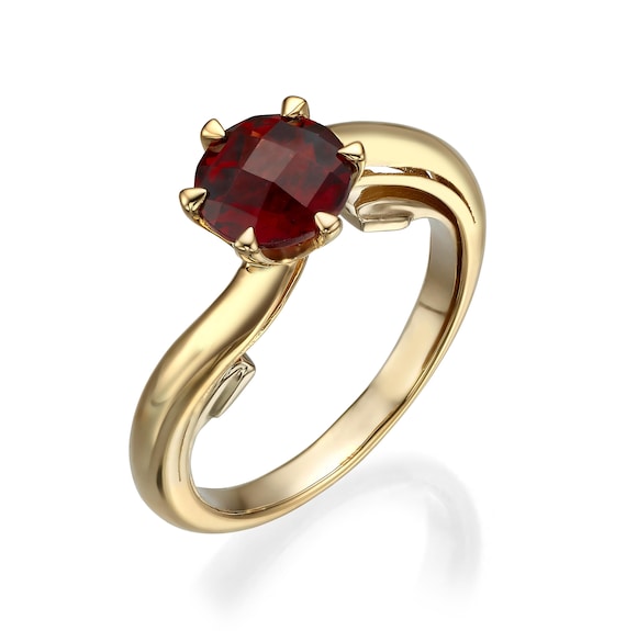 Elegant 14K Yellow Gold Garnet Ring – Unique Twisted Band Design, January Birthstone, Fine Jewelry – Gemstone Ring