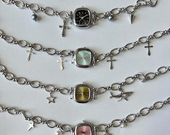Punk Minimalist Watch Choker Necklace, Multi-Color Watch Jewelry, Y2K Star Charm Necklace, Grunge Watch Necklace, Unique Clock Jewelry Gift