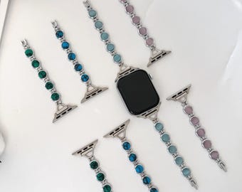 Vintage gemstone apple watch band,colorful gemstone bracelet silver watch strap,Y2K blue beaded watch band,cute pink smartwatch strap gift