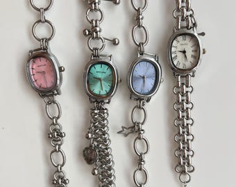 Handmade silver watch bracelet, green watch dial, Y2K watch gift, minimalist trendy watch, punk watch accessory,unique charm watch bracelet.