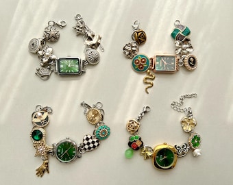 Vintage Green Watch Bracelet,Charm Wrist Watch for Women,Y2K Button Charm Bracelet,Green Watch Jewelry,Handmade Unique Watch Gift For Her