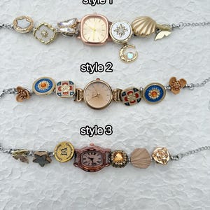 Gold Watch Bracelet, Vintage Wrist Watch for Women,Gold Button Charms Watch Bracelet, Blue Watch Bracelet,Luxurious Gold Watch, Gift for Her