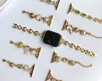 Vintage charm apple watch strap,gemstone smartwatch band,pearl watch bracelet,colorful charm smartwatch band,gold chain zircon Iwatch strap