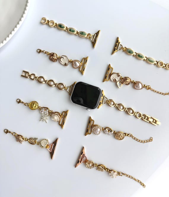 Vintage charm apple watch strap,gemstone smartwatch band,pearl watch bracelet,colorful charm smartwatch band,gold chain zircon Iwatch strap