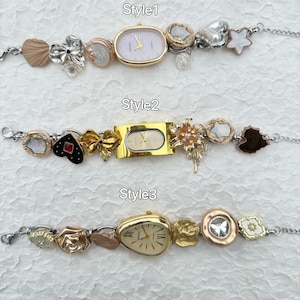 Vintage Watch Bracelet,Gold Wrist Watch for Women,Gold Button Charms Watch Bracelet, Pink Watch Bracelet,Luxurious Gold Watch, Gift for Her