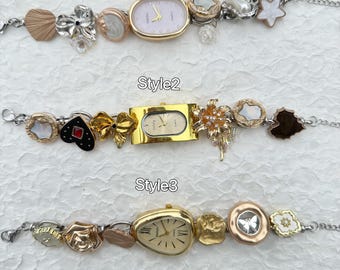 Pulsera de reloj vintage, reloj de pulsera dorado para mujer, pulsera de reloj con dijes de botón dorado, pulsera de reloj rosa, reloj dorado de lujo, regalo para ella