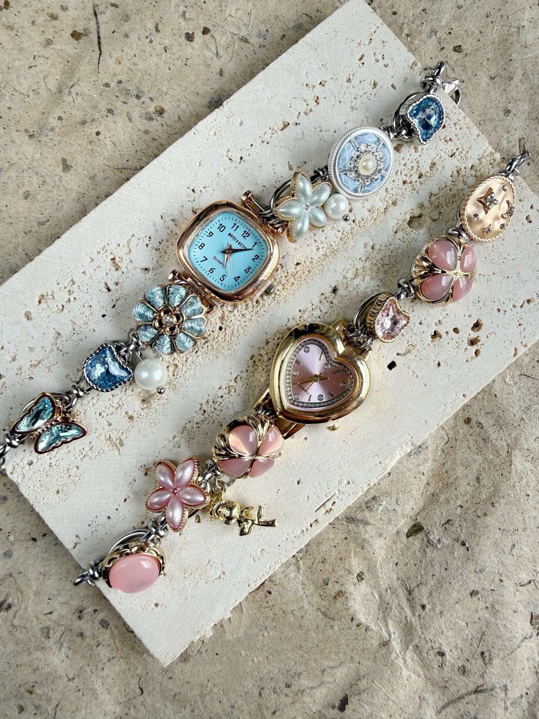 Y2K colorful gemstone wrist watch,pink charm watch bracelet,cute blue watch,colorful watch jewelry,elegant gemstone watch bracelet gift