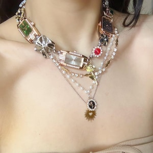 Vintage Gold Diamond Heart Watch Necklace, Punk Triple Watch Necklace, Pearl Watch Choker,Rose Charm Layered Necklace, Elegant Watch Jewelry