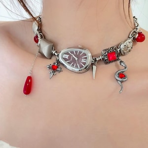 Vintage punk red watch choker necklace,grunge clock necklace,gothic red snake charm button choker, Y2K silver chain choker,unique watch gift