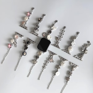 Vintage silver charm apple watch strap,gemstone smartwatch band,pearl watch bracelet,Y2K charm watch band,silver chain zircon Iwatch strap