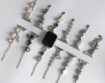 Vintage silver charm apple watch strap,gemstone smartwatch band,pearl watch bracelet,Y2K charm watch band,silver chain zircon Iwatch strap