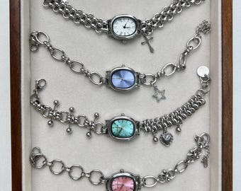 Minimalist charm watch bracelet, colorful dial watch jewelry, silver wrist watch,Y2K blue watch bracelet, unique pink watch gift for her.