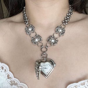 Vintage Silber Herz Uhr Choker Halskette,Punk Perle Uhr Halskette,Y2K Uhr Choker,Grunge Uhr Schmuck,Silber Kette Uhr Schmuck Geschenk