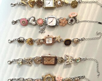 Gold Vintage Chram Watch Bracelet,Woman Wrist Watch,Button Charm Gold Watch,Pink Flower Watch, Elegant Pearl Watch,Colorful Accessory Gift