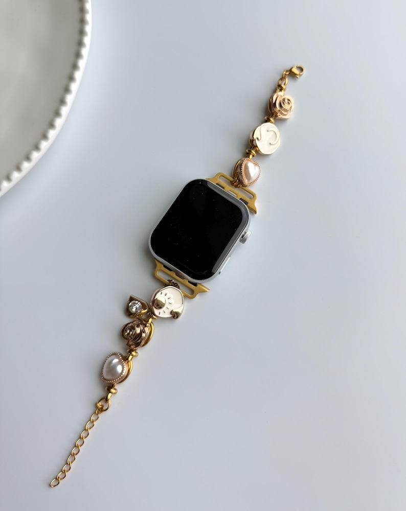 Vintage charm apple watch strap,gemstone smartwatch band,pearl watch bracelet,colorful charm smartwatch band,gold chain zircon Iwatch strap 2