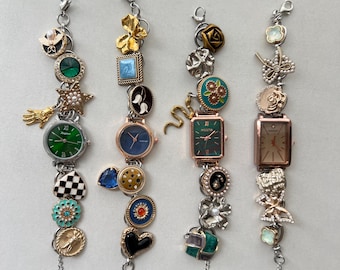 Handmade Colorful Charm Watch Bracelet,Woman's Vintage Wrist Watch,Y2K Watch Gift,Elegant Pearl Watch,Cute Charm Watch,Trendy Green Watch
