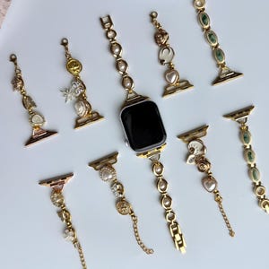 Vintage charm apple watch strap,gemstone smartwatch band,pearl watch bracelet,colorful charm smartwatch band,gold chain zircon Iwatch strap image 3