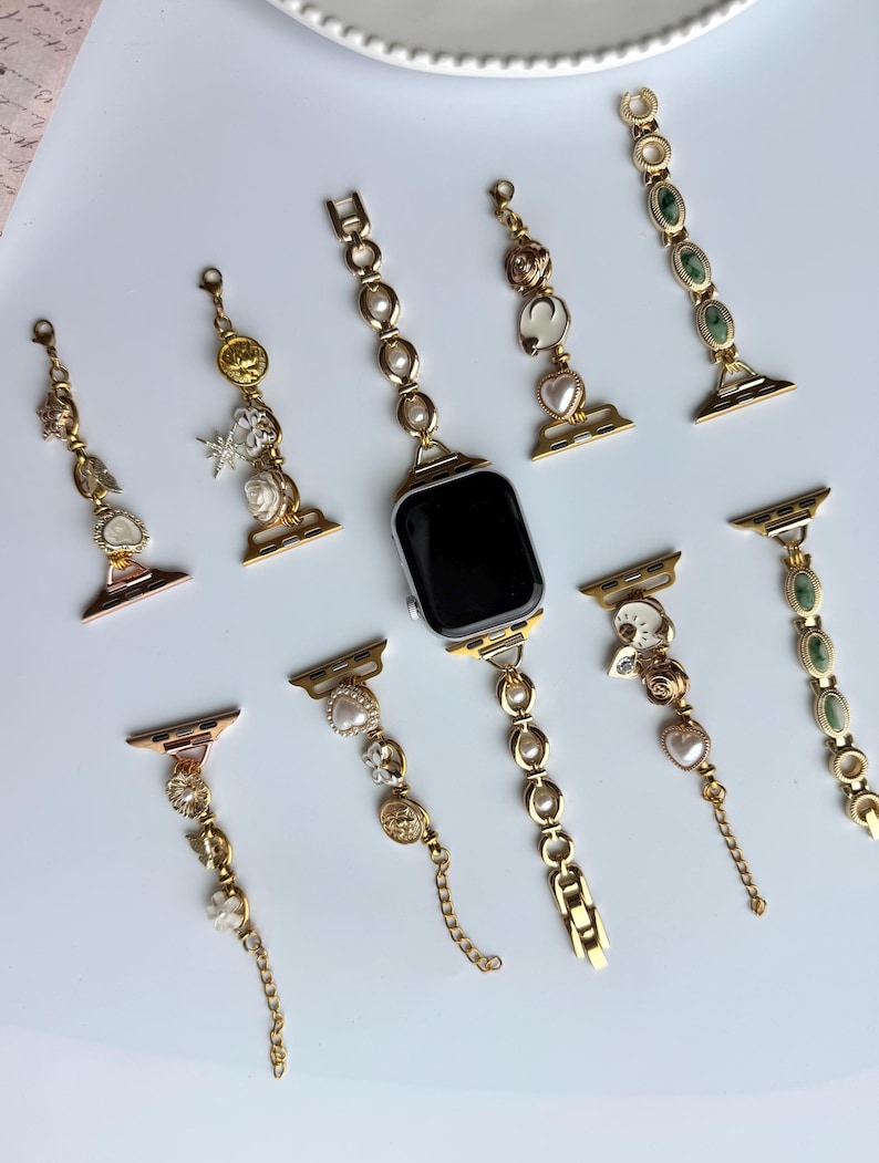 Vintage charm apple watch strap,gemstone smartwatch band,pearl watch bracelet,colorful charm smartwatch band,gold chain zircon Iwatch strap image 3