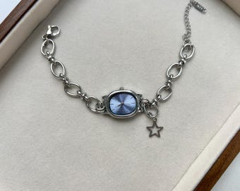 Handmade blue watch bracelet ,minimalist wrist watch for woman, Y2K charm watch,star charm watch bracelet,custom watch bracelet gift for her