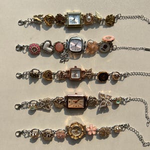 Gold Vintage Chram Watch Bracelet,Woman Wrist Watch,Button Charm Gold Watch,Pink Flower Watch, Elegant Pearl Watch,Unique Watch Gift for Her