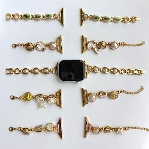 Vintage charm apple watch strap,gemstone smartwatch band,pearl watch bracelet,colorful charm smartwatch band,gold chain zircon Iwatch strap image 2