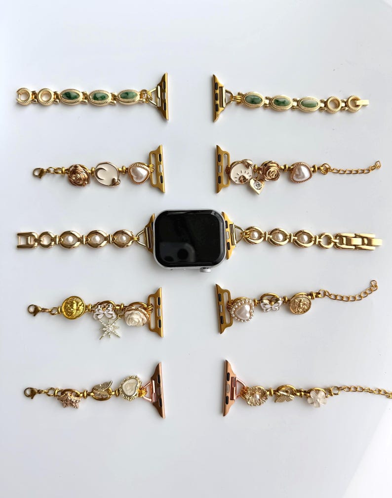 Vintage charm apple watch strap,gemstone smartwatch band,pearl watch bracelet,colorful charm smartwatch band,gold chain zircon Iwatch strap image 2