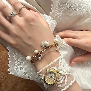 Vintage lace watch  layered bracelet, pearl multi-layer chain bracelet, gold multi-layer pearl bracelet, pearl snowflake decoration bracelet