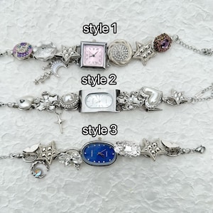 Pulsera de reloj colorida vintage, reloj de pulsera plateado para mujer, pulsera de reloj con dijes de botón, pulsera de reloj rosa, regalo de reloj azul lujoso