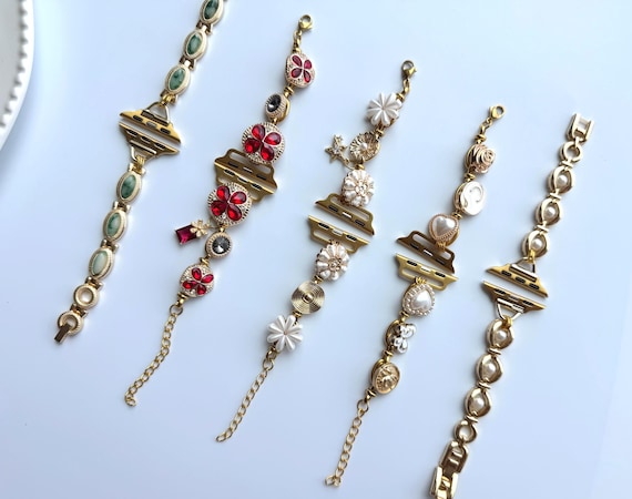Vintage gemstone apple watch strap,pearl watch band,colorful charm smartwatch band,red beaded bracelet,gold chain zircon charm Iwatch strap