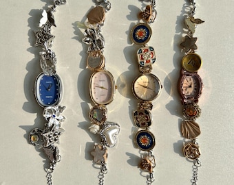Colorful Vintage Chram Watch Bracelet,Woman Wrist Watch,Button Bracelet Gold Watch, Blue Watch Bracelet,Unique Watch Gift for Her