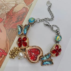 Vintage Butterfly Charm Watch Bracelet, Cute Red Button Heart Watch, Y2K Watch Bracelet, Elegant Pearl Watch Gift,Women&#39;s Wrist Watch Jewely