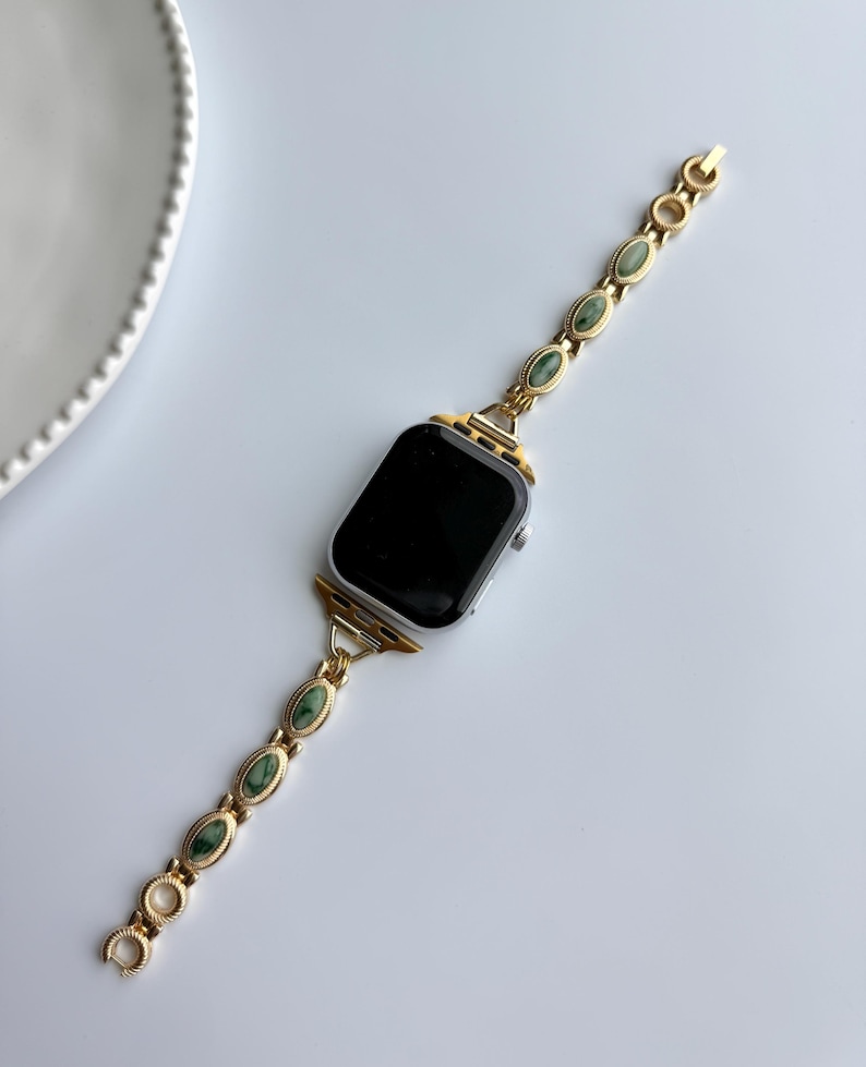 Vintage charm apple watch strap,gemstone smartwatch band,pearl watch bracelet,colorful charm smartwatch band,gold chain zircon Iwatch strap 1