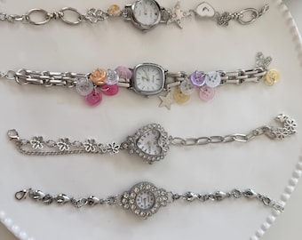 Y2K charm watch bracelet,colorful button bracelet,silver wrist watch,star charm bracelet,heart zircon watch jewelry,vintage watch gift